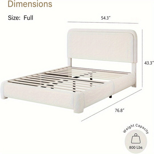 Boucle Upholstered Platform Bed Frame With Headboard, Modern Style, Soft Rounded Corners, No Box Spring Required, Easy Assembly