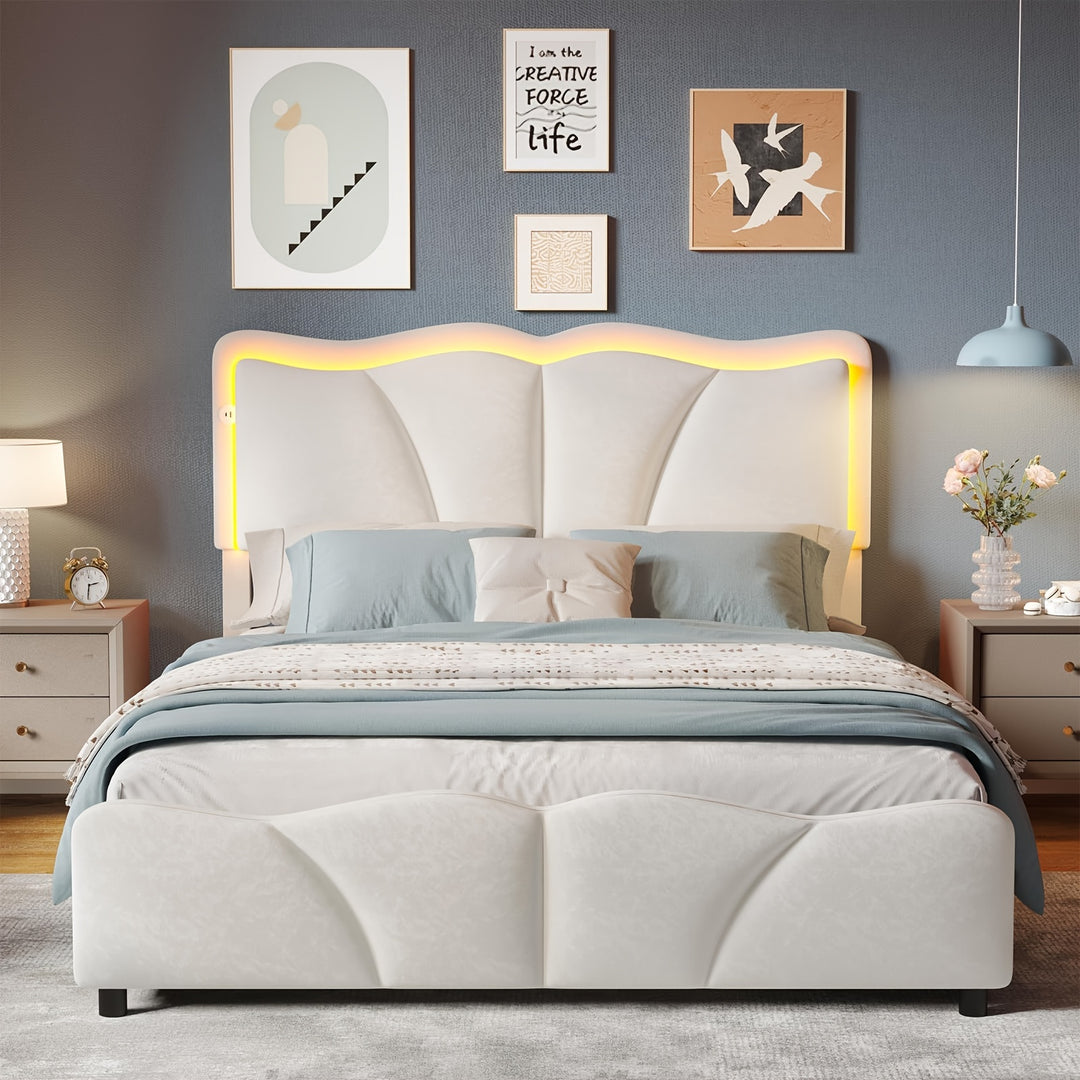 Queen Bed Frame With Headboard & Storage, Bed Frame Queen Size, Modern Led Flower Bed Frame