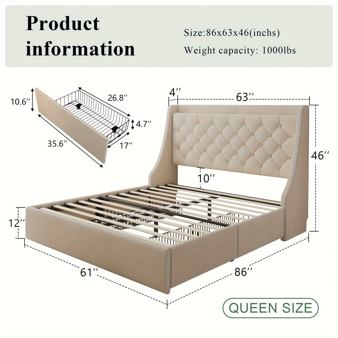 Upholstered Platform Beds With 4 Storage Drawers, Platform Bed With Charging Station & Deluxe Wingback Storage Headboard, Solid Wood Slats Support, No Box Spring Needed, Noise-Free