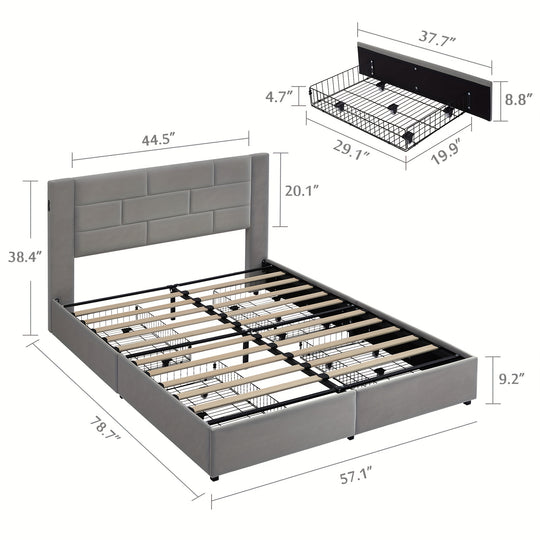 Upholstered Platform Bed Frame, 4 Drawers, Headboard, Charging Station, Full/Queen/King