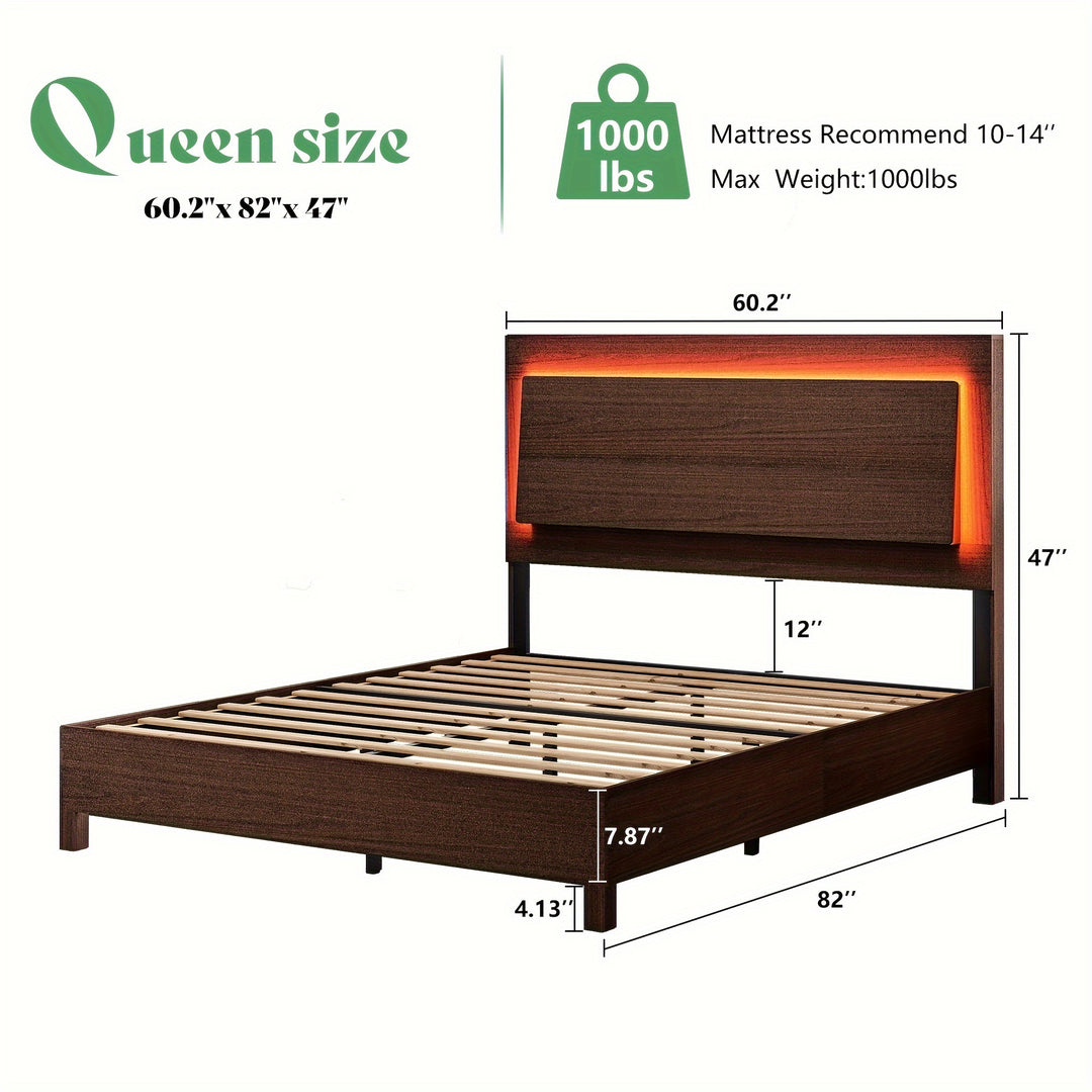 Farmhouse Wood Bed Frame with 47" Headboard, Rustic Platform Bed with LED Lights, Bed Frames Features Wood Grain, with Wooden Slats Support, No Box Spring Needed