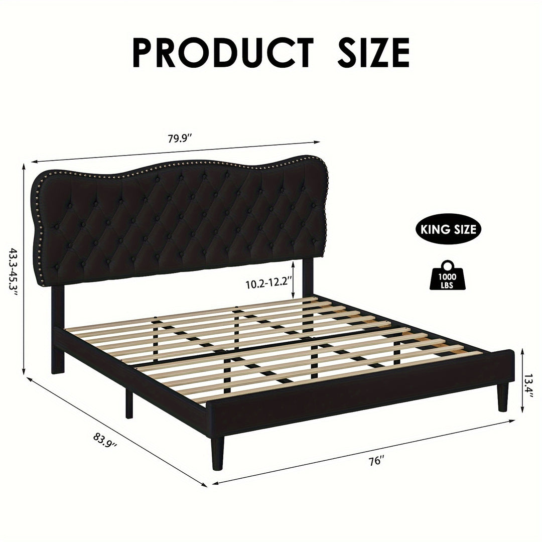 FULTRU Full/Queen/King Bed Frame, Velvet/Linen Fabric Upholstered Platform Frame, Modern Bed with Adjustable Headboard, Diamond Tufted Mattress Foundation Wood Slats, Easy Assembly, No Box Spring Needed