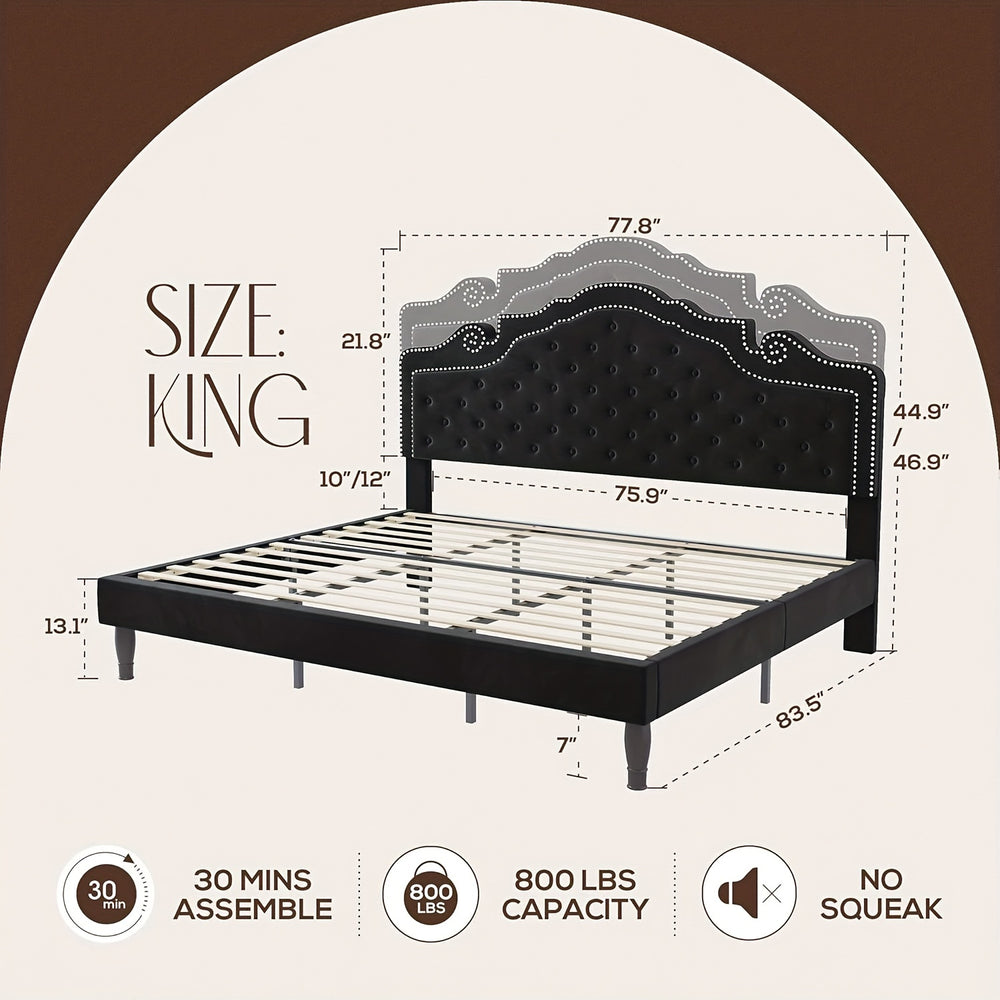 WEEWAY Upholstered Bed Frame, Adjustable Curved Headboard, High Resilience, Diamond Tufted