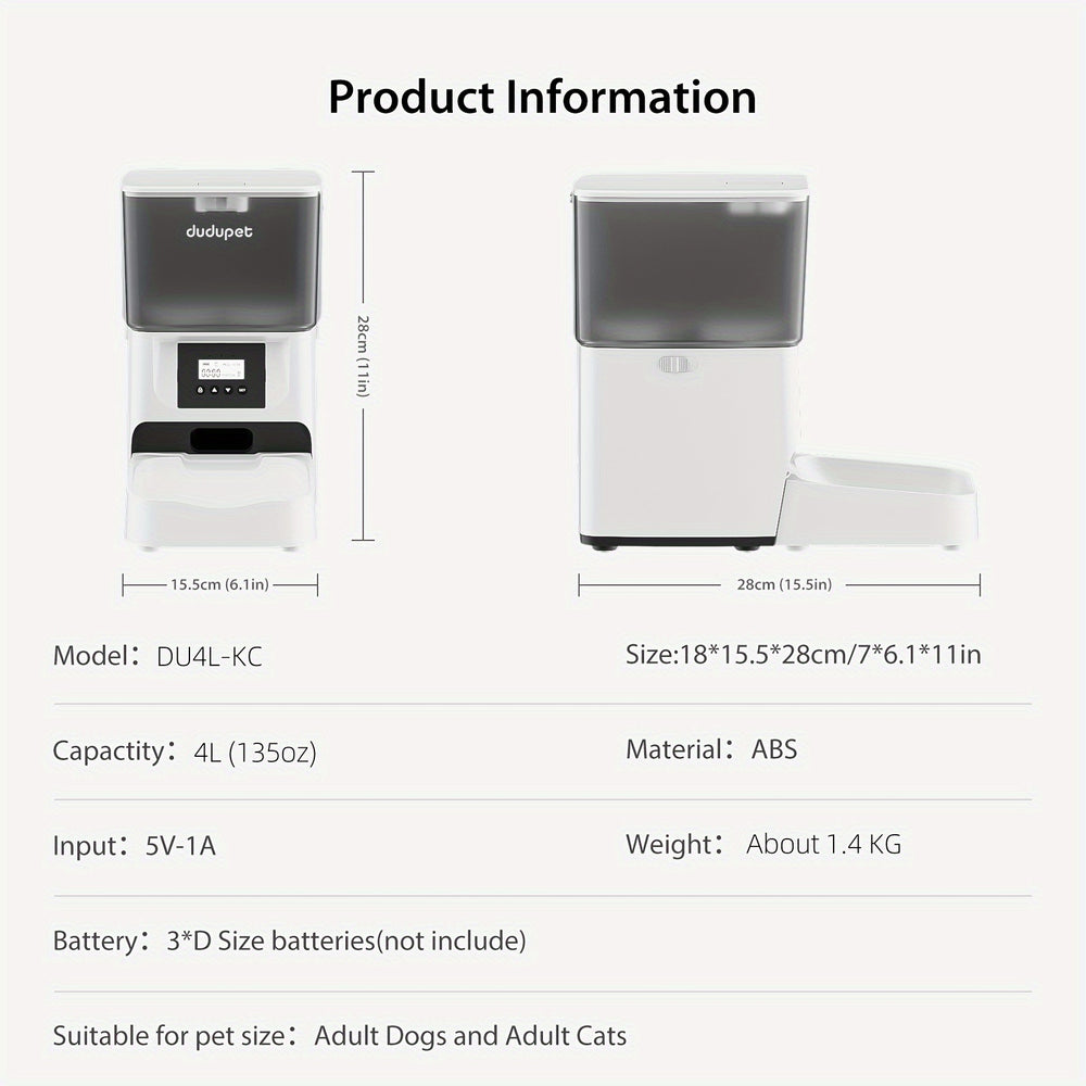 dudupet 1.06gal Automatic Pet Feeder with LCD Screen, Smart Cat Dog Food Dispenser, 1-4 Meal Options, Battery/USB Power Supply, 36V Max Voltage, No Battery Included