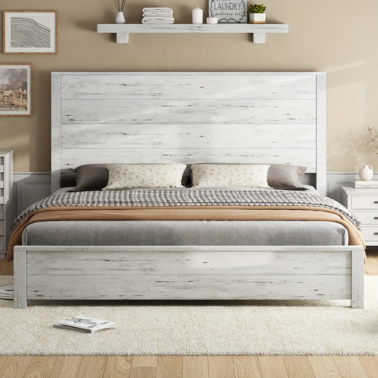 Rustic Solid Wood Platform Bed Frame With Spliced Headboard, Noise-Free Slat Support, No Box Spring Needed