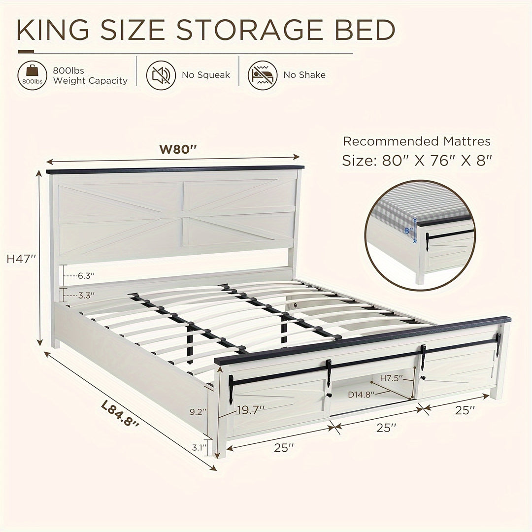 OKD King Farmhouse Wood Bed Frame with Sliding Barn Door Storage Cabinets, Solid Wood Slats Support, Noiseless, No Box Spring Needed