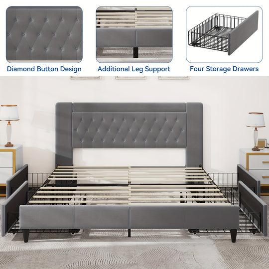 QUOYAD King Size Bed Frame, Storage Bed Frame with 4 Drawers, Upholstered Modern Platform Bed with Diamond Button Tufted Headboard, Sturdy Wood Slat Support, No Box Spring Needed (Grey)