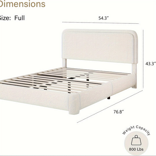 Upholstered Platform Bed Frame, Modern Style, Soft Rounded Corners, Noise Free, Easy Assembly, Off White Boucle