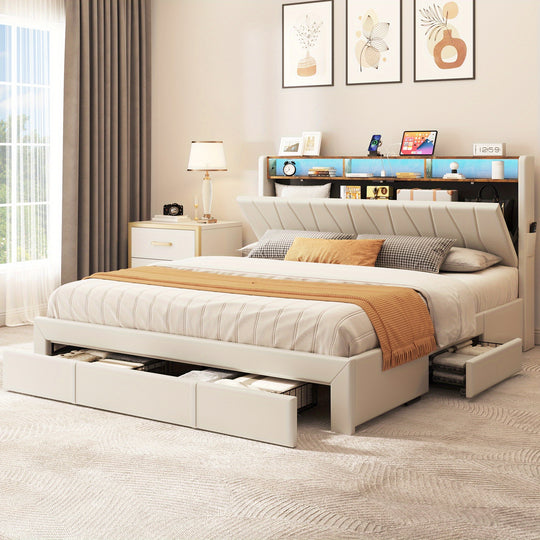 FurnaNova King Size Bed Frame, Storage Bed Frame w/ LED Lighting & 4 Drawers, Upholstered Platform Bed Frame with Charging Station & Storage Headboard, No Box Spring Required, Easy Assembly, Beige