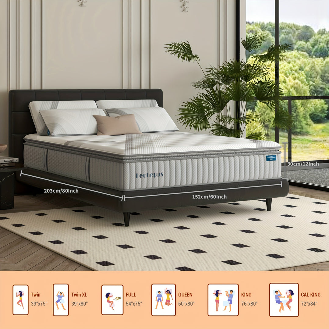 1pc Lechepus Mattresses, 12 Inch Cooling Gel Memory Foam Hybrid Mattress With Individual Pocket Springs For Back Pain Relief, Medium Feel Bed Mattress In Box, Fiberglass Free