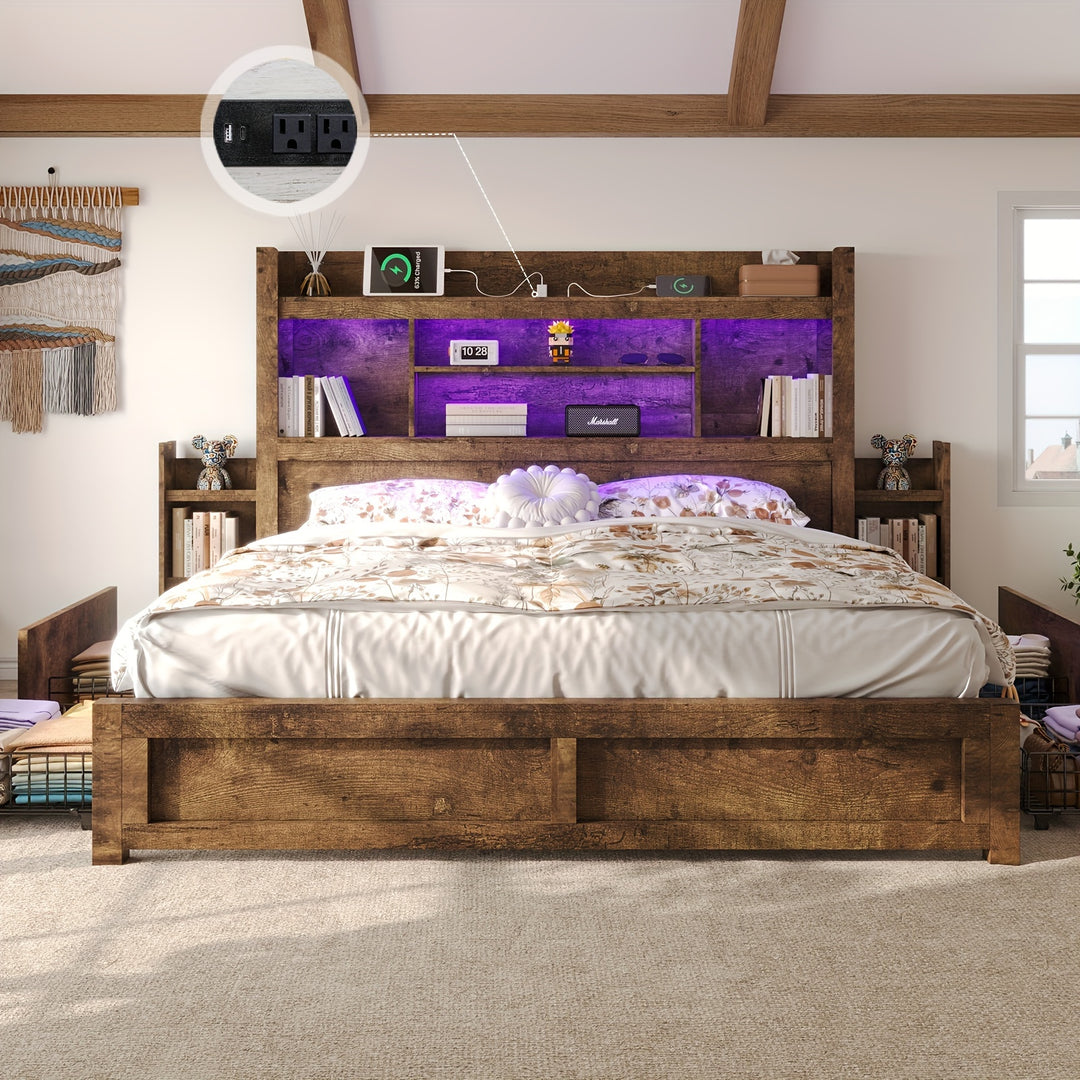 Farmhouse Wooden Bed Frame With 4 Storage Drawers, LED Bed Frame With 49" Tall Bookcase Headboard, Wood Platform Bed With Charging Station & 2 Slide Bedside Shelf