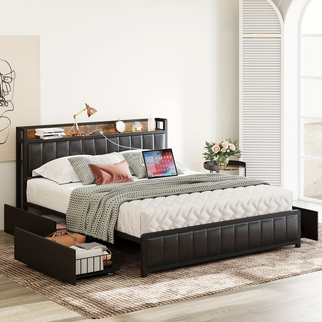 Queen Bed Frame With Storage Drawers In Headboard And Footboard, Upholstered Platform Bed Featuring USB Ports And Outlets, No Box Spring Required For Convenient Setup