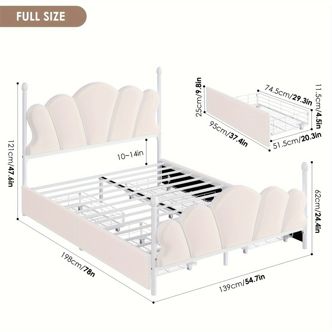 FULTRU Full Size Bed Frame, Velvet Upholstered Platform Bed With Adjustable Headboard, Full Size Bed Frame With 4 Storage Drawers, NO Noise, No Box Spring Needed