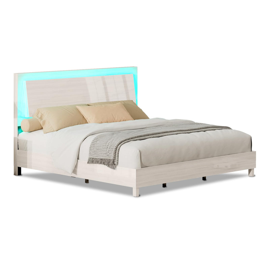 Contemporary Gloss Bed Frame with LED Headboard, Ergonomic Floating Design, Platform Style - No Box Spring Needed, Available in White