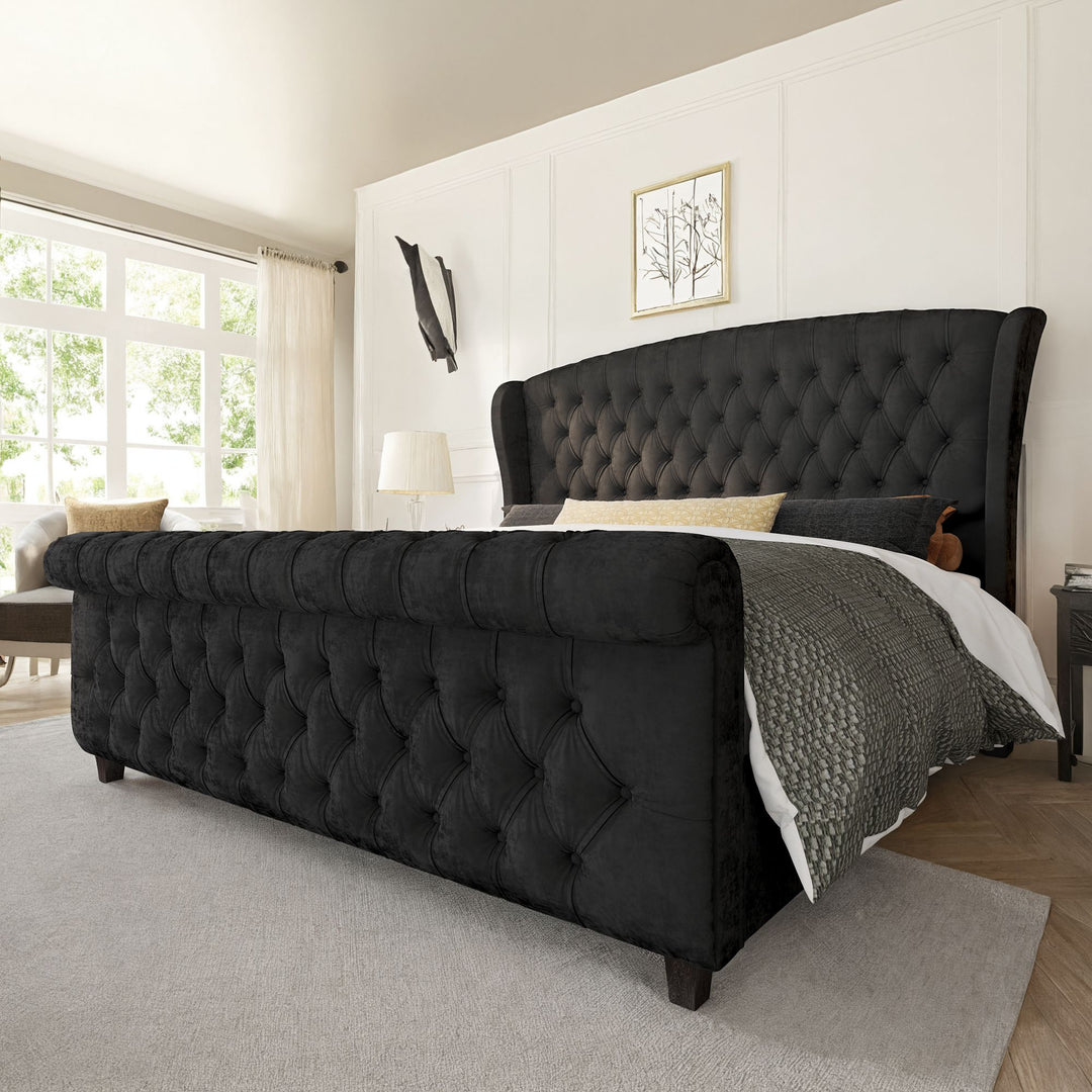 Luxurious Chenille-Upholstered Platform Bed Frame Collection: Ornamented with Scroll-Patterned Wingback Headboard & Matching Footboard, Button-Tufted Finishes, Box Spring-Free Configuration